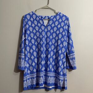 Coolibar Women’s M Blue White Tunic Top 3/4 Sleeve V-Neck Side Split Relaxed